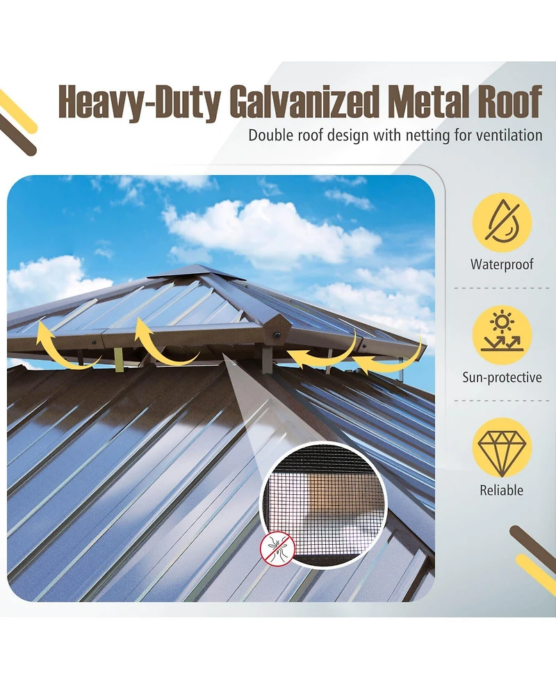 Costway 10 x 10 Ft Hardtop Gazebo with Netting Heavy-Duty Double-Roof Galvanized Metal Top