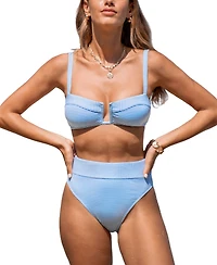Cupshe Women's Vibing Seersucker Bikini Top & High-Waisted Bottoms Set