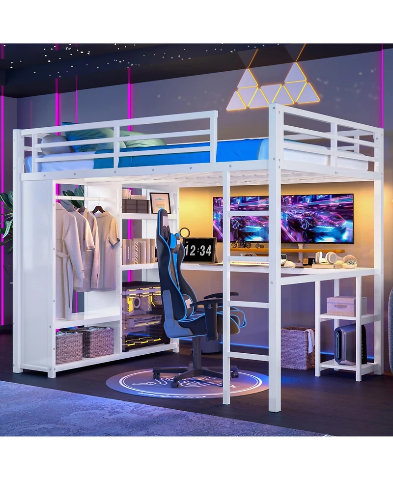 Streamdale Furniture Queen Loft Bed with Wardrobe Desk & Shelves - White