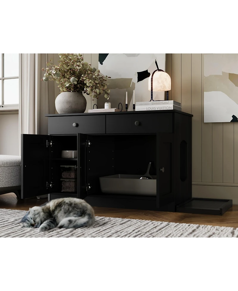 Palace Imports 100% Solid Wood Ziva 3-Door Cat Litter Box Enclosure with Catch
