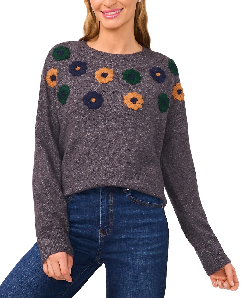 CeCe Women's Multicolor Embroidered Flower Long Sleeves Sweater