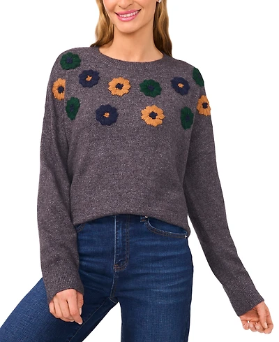 CeCe Women's Multicolor Embroidered Flower Long Sleeves Sweater