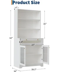gaomon Kitchen Pantry Cabinet, 62 Inch Freestanding Hutch Cupboard with Large Countertop, Glass Doors, Drawer and Adjustable Shelves, Microwave Cabine