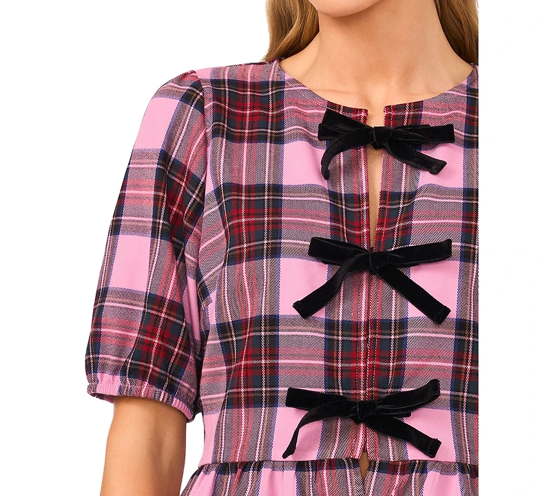 CeCe Women's Short Sleeve Peplum Top with Bows
