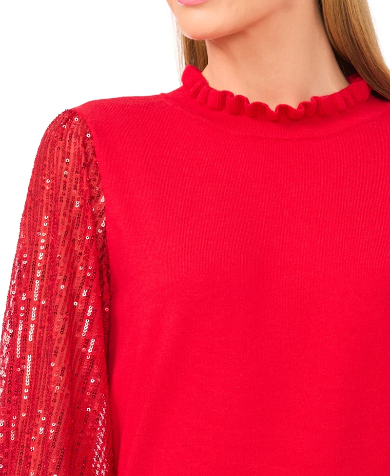 CeCe Women's Ruffle Trim Sequin Long Sleeves Sweater