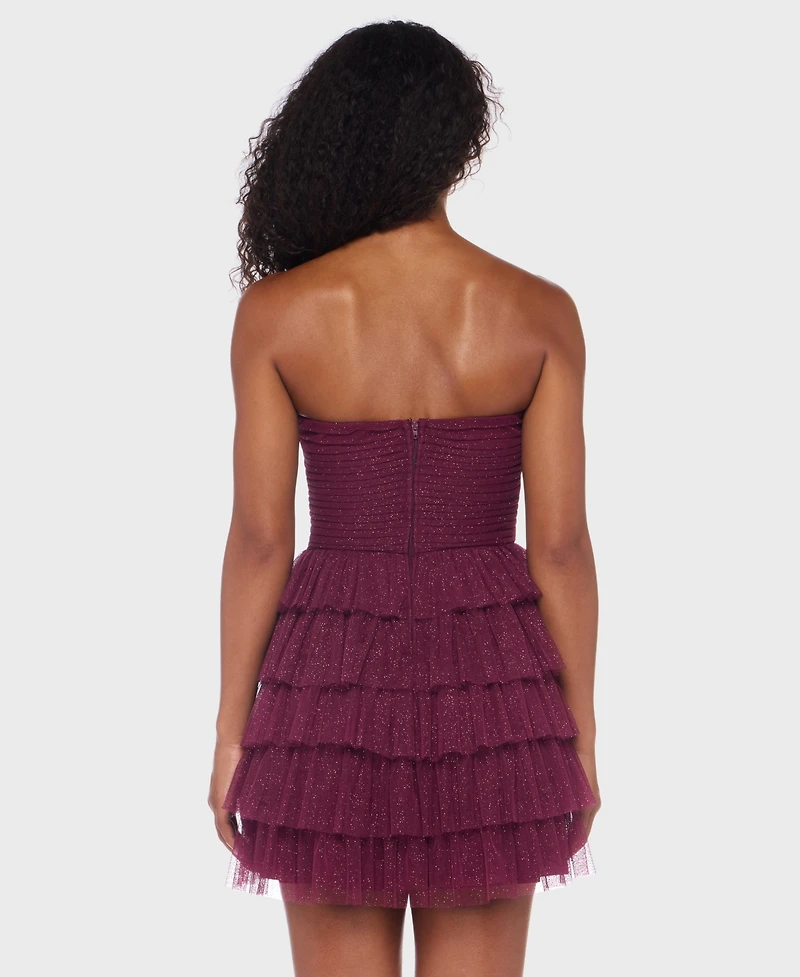 B Darlin Juniors' Strapless Side-Shirred Tiered Glitter Mini Dress