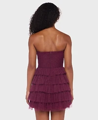 B Darlin Juniors' Strapless Side-Shirred Tiered Glitter Mini Dress
