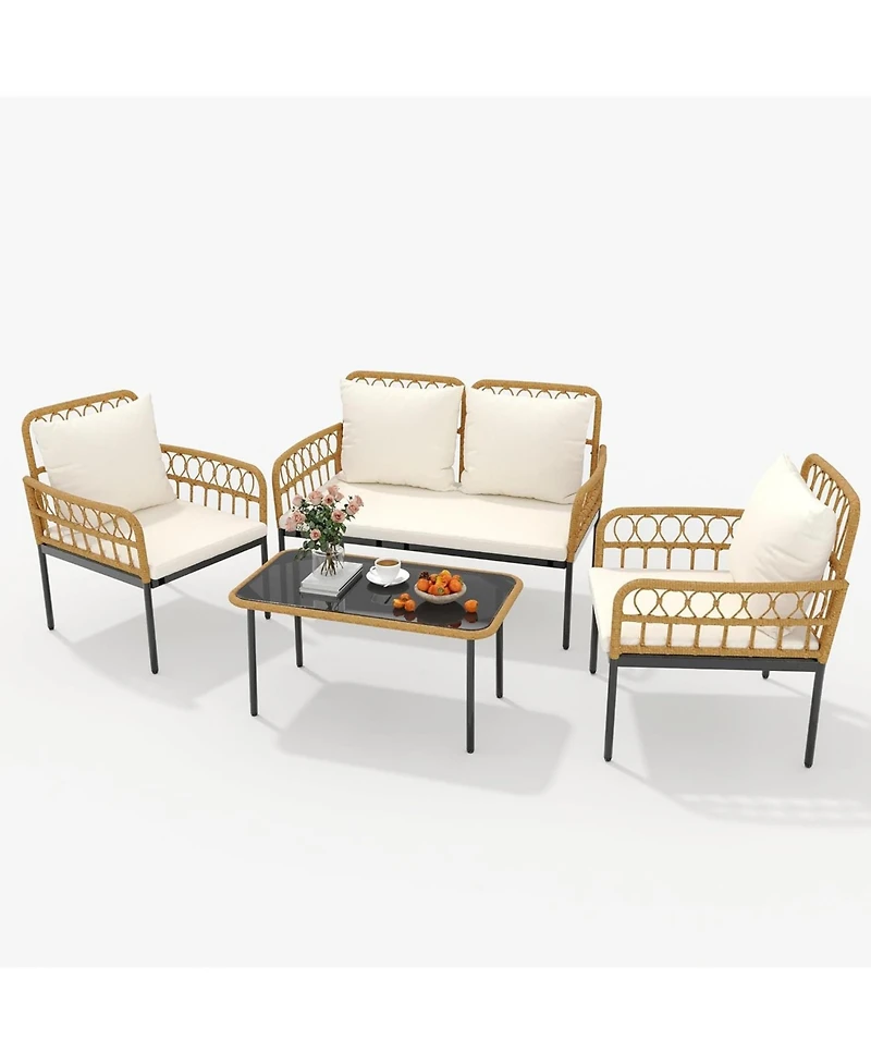gaomon 4 Pieces Patio Furniture Sets Wicker Outdoor Patio Table and Chairs Set with Glass Side Table, Loveseat Chairs, Boho Rattan Conversation Sets f