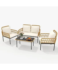 gaomon 4 Pieces Patio Furniture Sets Wicker Outdoor Patio Table and Chairs Set with Glass Side Table, Loveseat Chairs, Boho Rattan Conversation Sets f