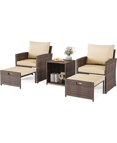 5-Piece High Back Patio Conversation Set with 2 Ottomans and Table, All-Weather Pe Rattan Lounge Chairs with Soft Cushions, Ideal for Balcony, Porch,