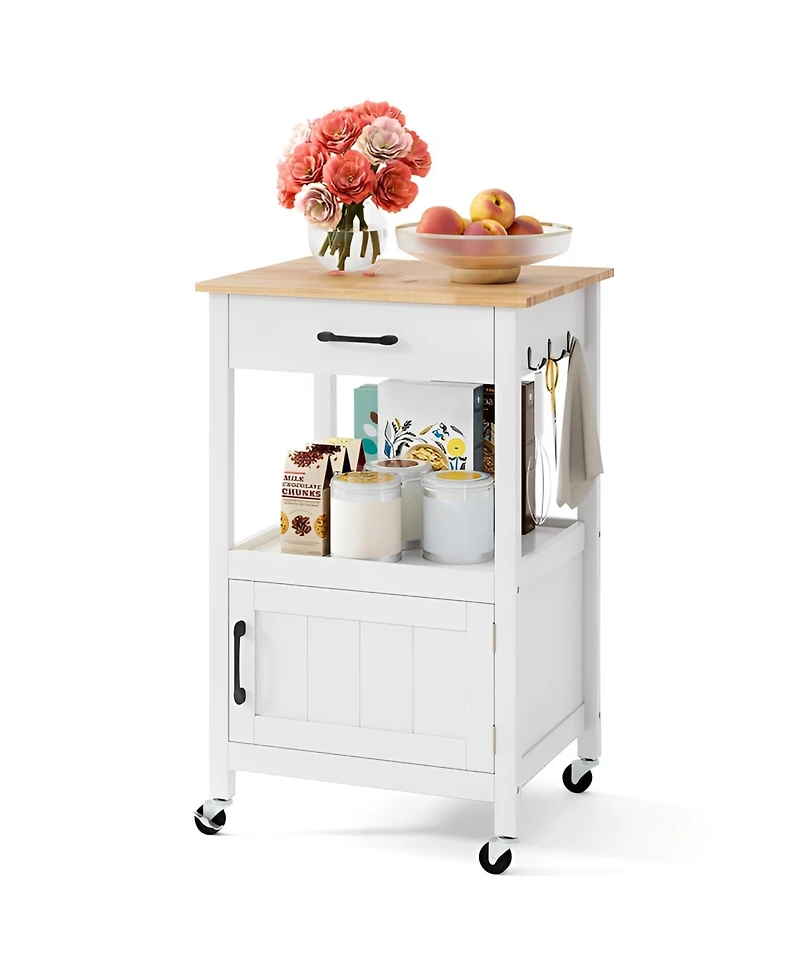 Rolling Kitchen Island Cart with Drawer and Side Hooks
