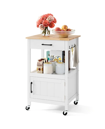 Rolling Kitchen Island Cart with Drawer and Side Hooks
