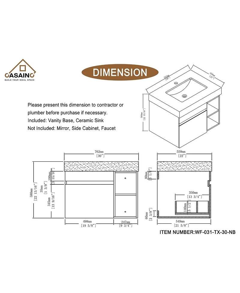 Casainc 30-Inch Wall-Mounted Bathroom Vanity with Quartz Countertop and Double Topmount Sinks