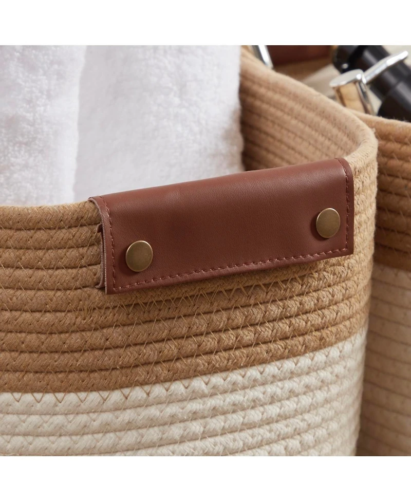 Ornavo Home 3 Pack Cotton Rope Shelf Storage Basket with Faux Leather Handles