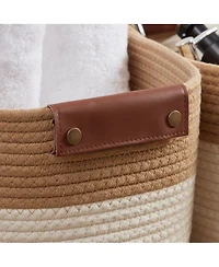 Ornavo Home 3 Pack Cotton Rope Shelf Storage Basket with Faux Leather Handles