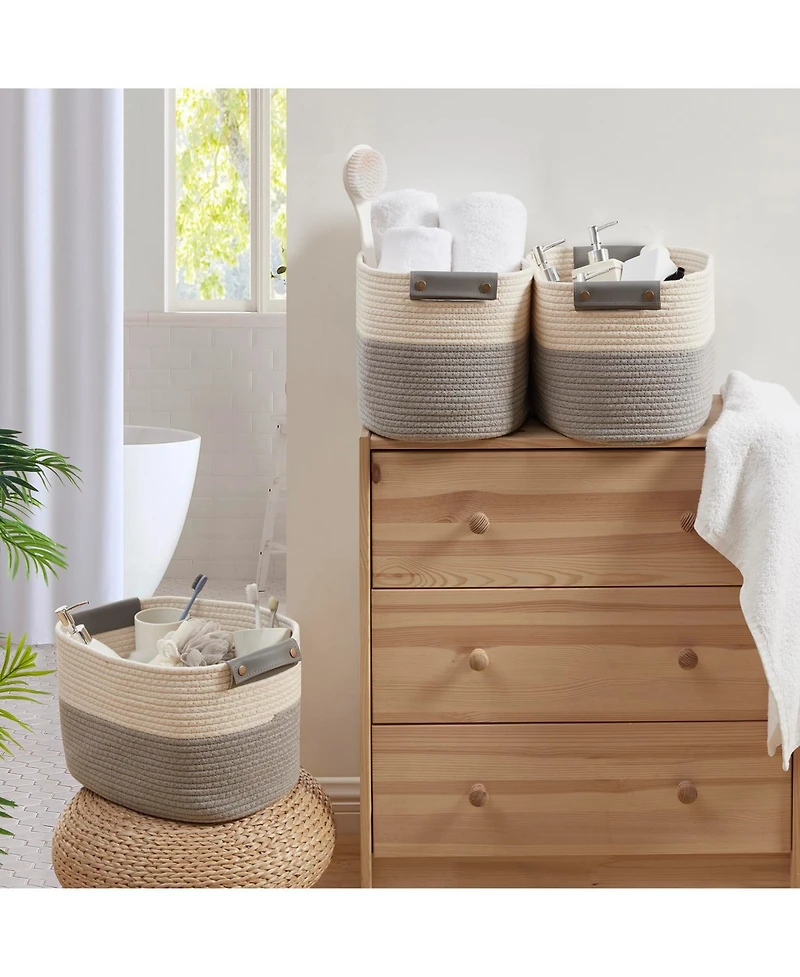 Ornavo Home 3 Pack Cotton Rope Shelf Storage Basket with Faux Leather Handles