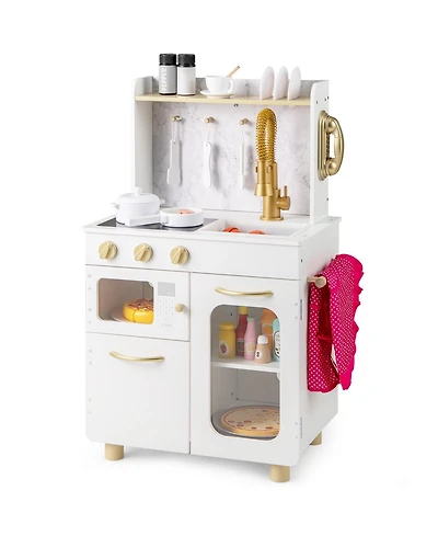 Mecale Kids Kitchen Set Pretend Play Kitchen with Stoves Faucet Sink Telephone Microwave and Oven-White