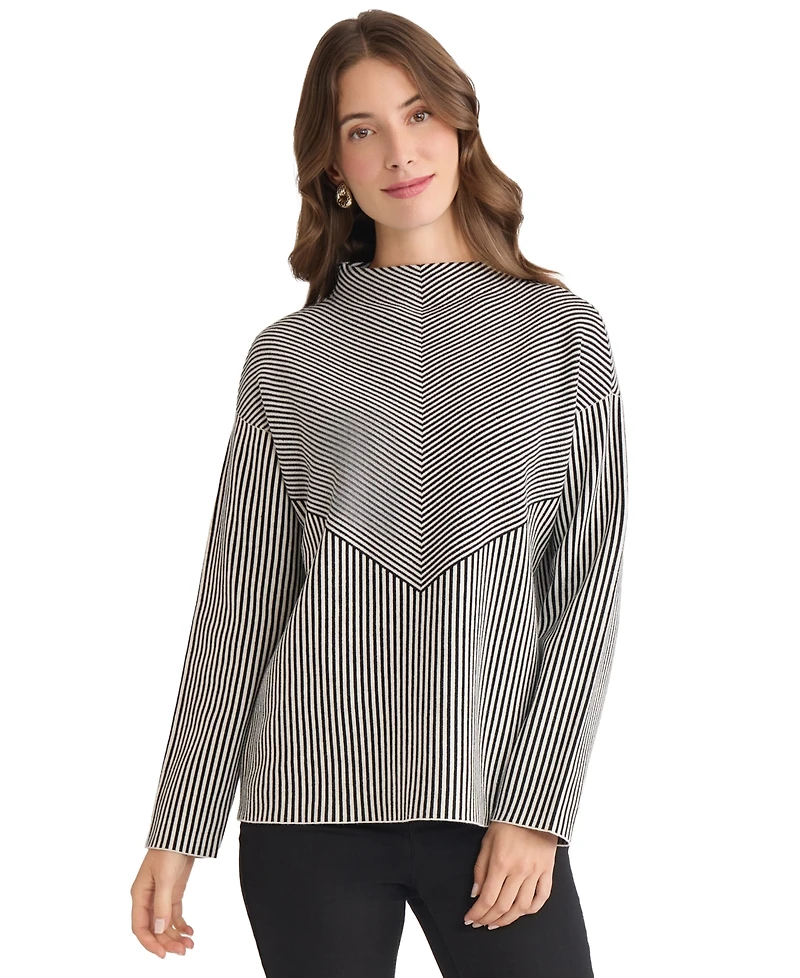 Jones New York Women's Striped Funnel Mock Neck Sweater