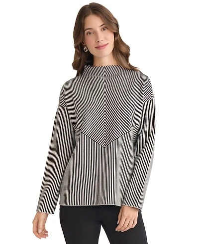 Jones New York Women's Striped Funnel Mock Neck Sweater