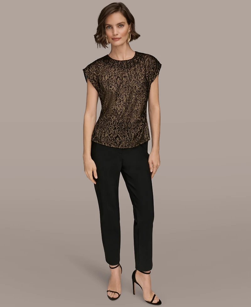 Donna Karan New York Women's Cap Sleeve Metallic Burnout Crewneck Top