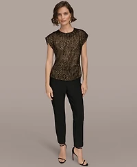 Donna Karan New York Women's Cap Sleeve Metallic Burnout Crewneck Top
