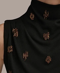 Donna Karan New York Women's Sleeveless Metallic Beaded Mock Neck Top