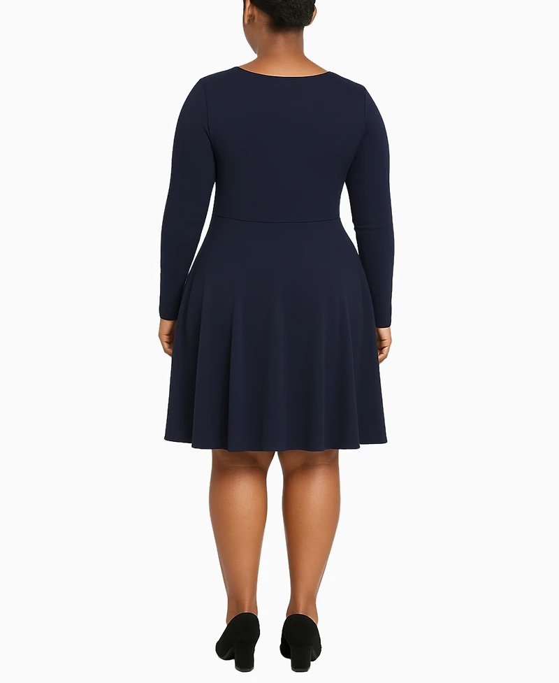 White Mark Plus Classic Long Sleeve Fit and Flare Dress
