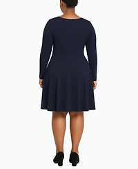 White Mark Plus Classic Long Sleeve Fit and Flare Dress