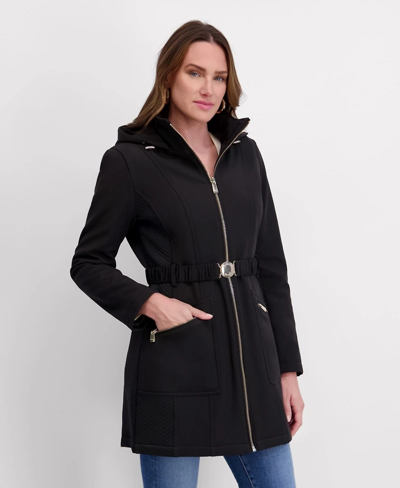 Kensie Women's Hooded, Metal Buckle Belted Softshell with Embossed Panels