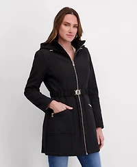 Kensie Women's Hooded, Metal Buckle Belted Softshell with Embossed Panels
