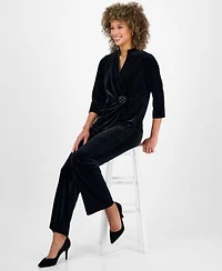 Kasper Womens Velvet Embellished Top Pull On Wide Leg Pants