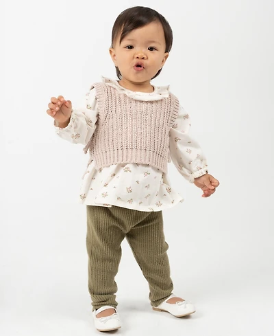 Rare Editions Baby Girls 3-Piece Knit Vest, Floral Top and Ribbed Leggings Set