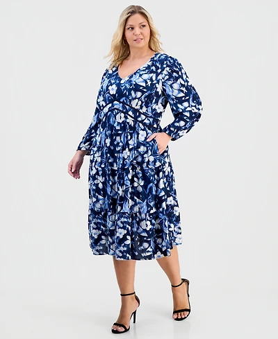 Style & Co Plus Printed V-Neck Waist-Trim Dress, Macy's Exclusive