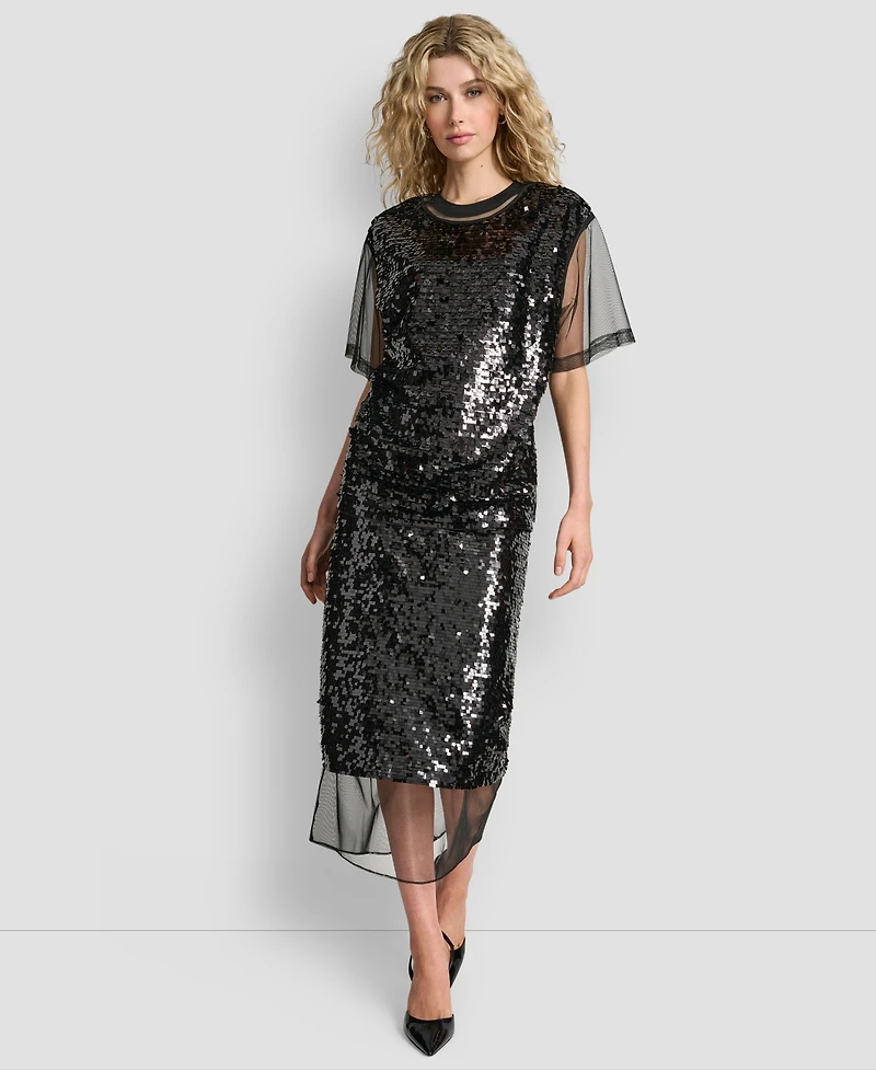 Dkny Women's Sequined Layered Short Sleeves Mesh Top