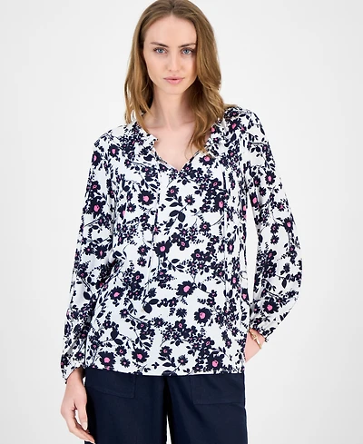 Tommy Hilfiger Women's Floral Tie-Neck Long-Sleeve Top