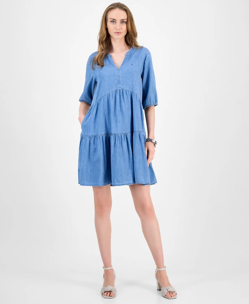 Tommy Hilfiger Women's V-Neck Tiered Chambray Dress