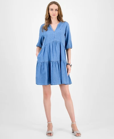 Tommy Hilfiger Women's V-Neck Tiered Chambray Dress