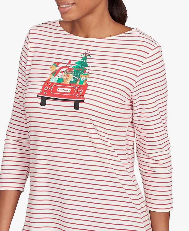 Ruby Rd. Petite Christmas Truck Striped Knit Top