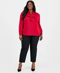 Kasper Plus Satin Stripe Tie-Neck Long-Sleeve Top
