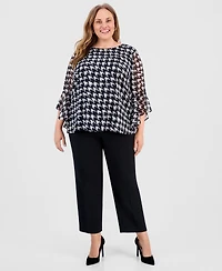 Kasper Women's Plus Houndstooth Ruffle Sleeve Top