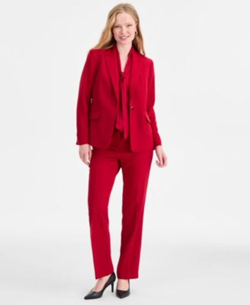 Kasper Womens Stretch Crepe One Button Jacket Tie Neck Sleeveless Top Straight Leg Pant