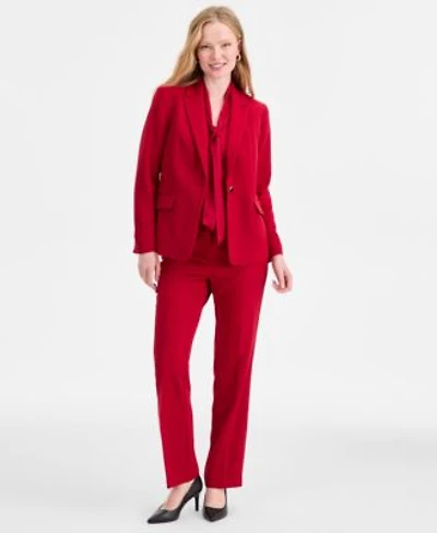 Kasper Womens Stretch Crepe One Button Jacket Tie Neck Sleeveless Top Straight Leg Pant