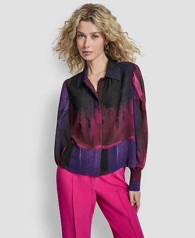 Dkny Women's Balloon Sleeve Collared Neck Top