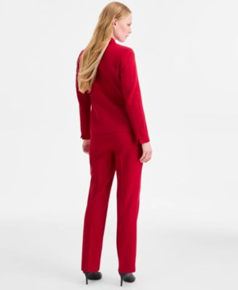 Kasper Womens Stretch Crepe One Button Jacket Tie Neck Sleeveless Top Straight Leg Pant