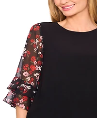 Cece Women's Double Ruffle 3/4 Sleeve Mixed Media Top