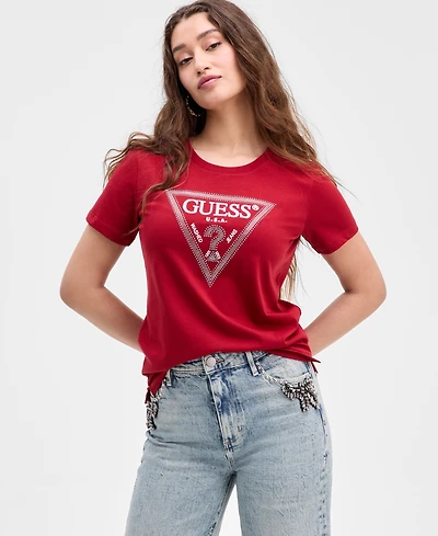 Guess Women's Embellished Triangle Short Sleeve T-Shirt
