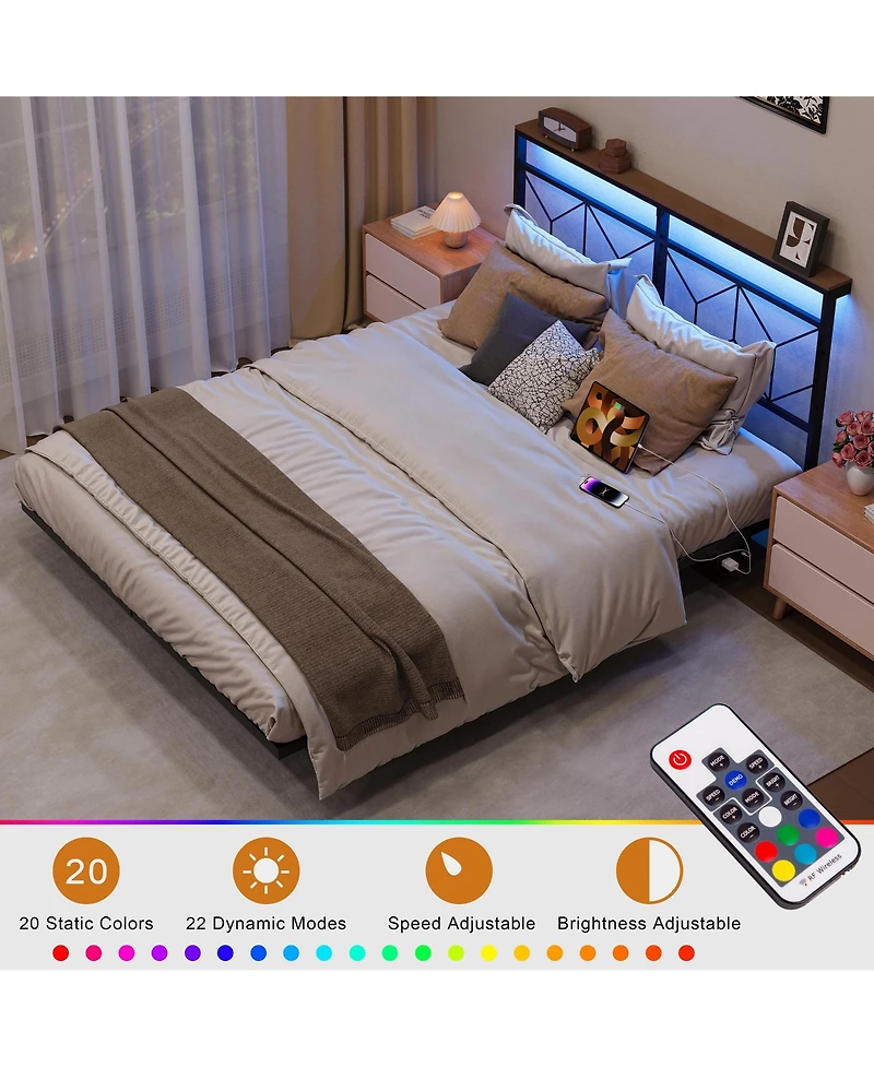 Hausource Full Size Floating Bed Frame with Led Headboard & Charging Station No Box Spring Needed