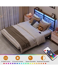Hausource Full Size Floating Bed Frame with Led Headboard & Charging Station No Box Spring Needed