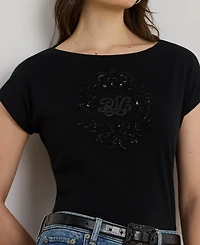 Lauren Ralph Women's Sequin Detail Boat Neck Jersey T-Shirt