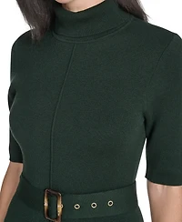 Jessica Howard Women's Turtle Neck Elbow Sleeve Belted Dress